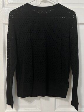 100% Wool Perforated Sweater Black Pullover Small Cut Outs Lightweight Layering
